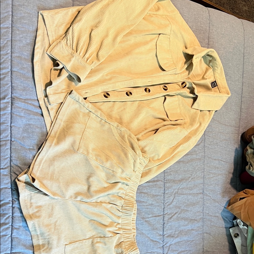Corduroy khaki Button-Up Shirt and Shorts Set